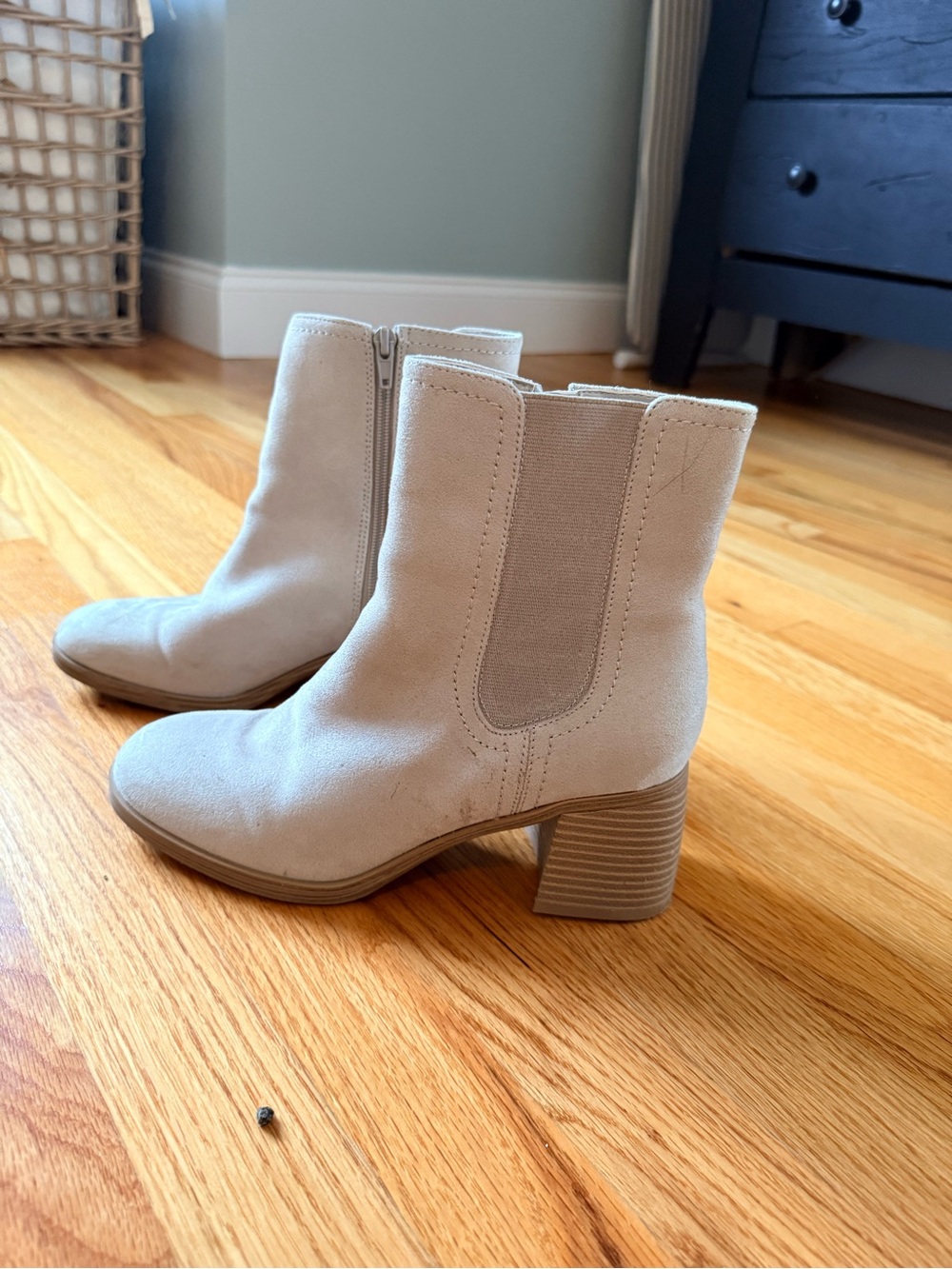 Nine West Light Beige Suede Block Heel Ankle Boots